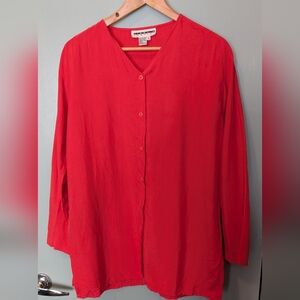 Vintage 100% Silk Red Oversized Button Front Blouse V-Neck S